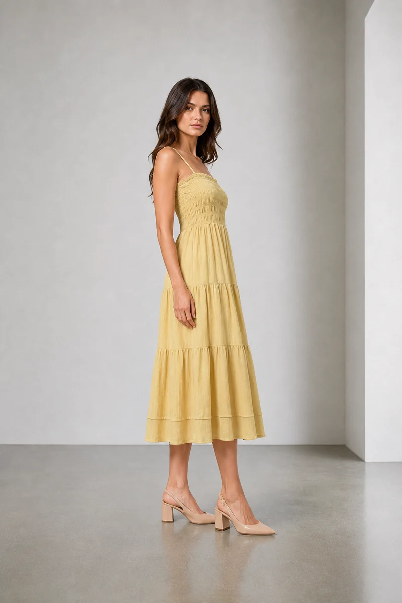 Serein|Cotton Smocked Layered Midi Dress