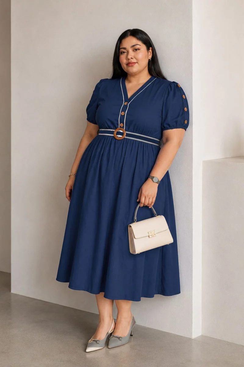 Bellar|Cotton Contrast Piping Midi Dress