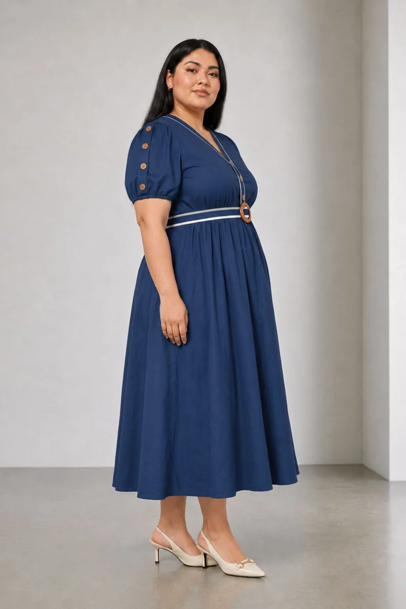 Bellar|Cotton Contrast Piping Midi Dress