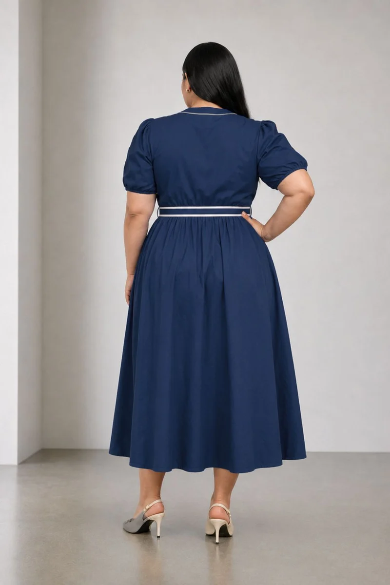Bellar|Cotton Contrast Piping Midi Dress