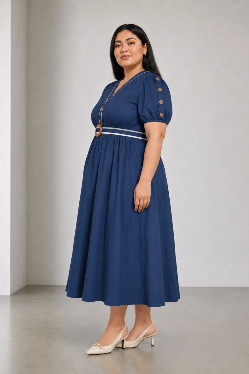 Bellar|Cotton Contrast Piping Midi Dress