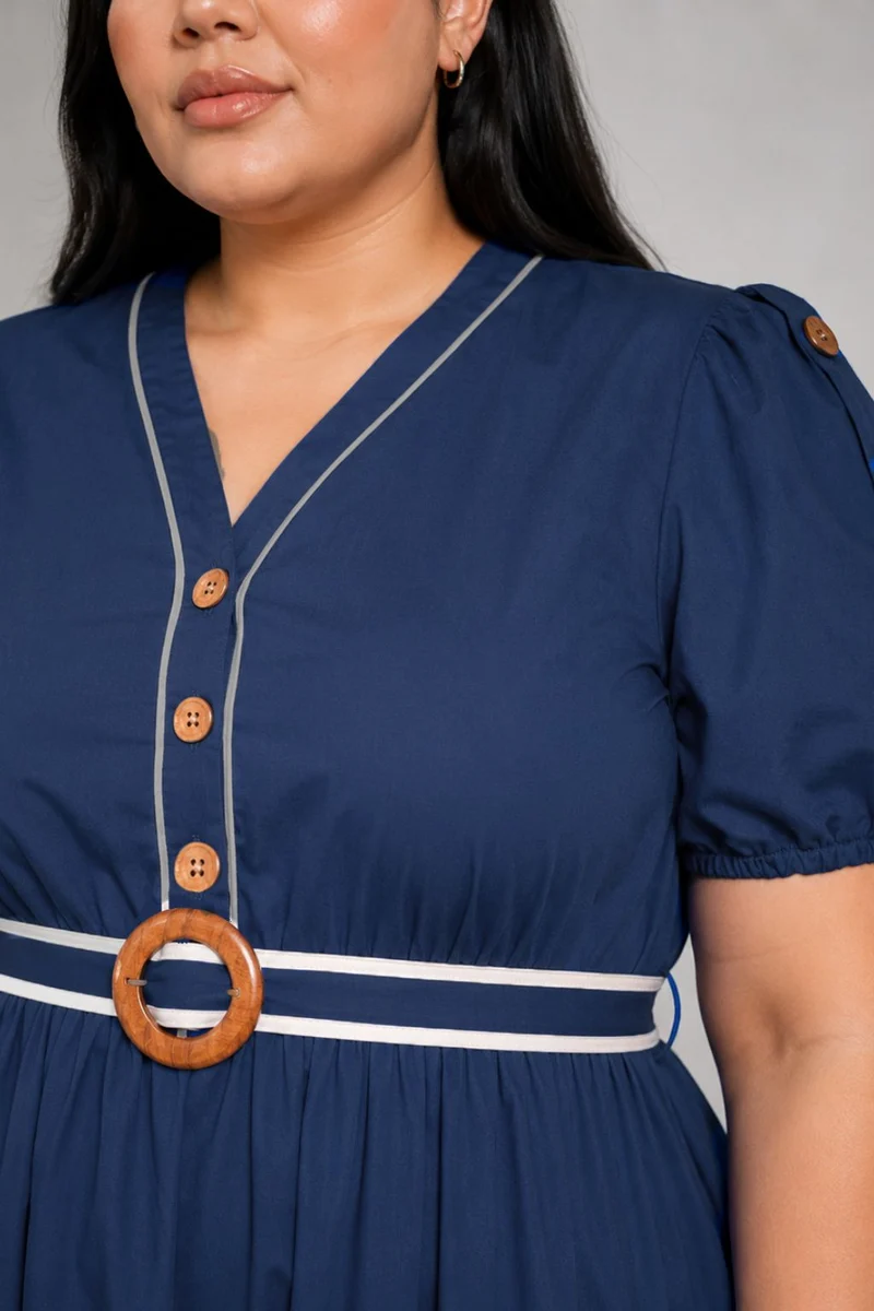 Bellar|Cotton Contrast Piping Midi Dress