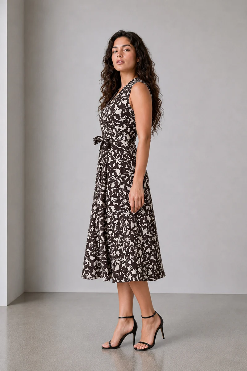 Veyla|Brown Abstract Print Midi Dress