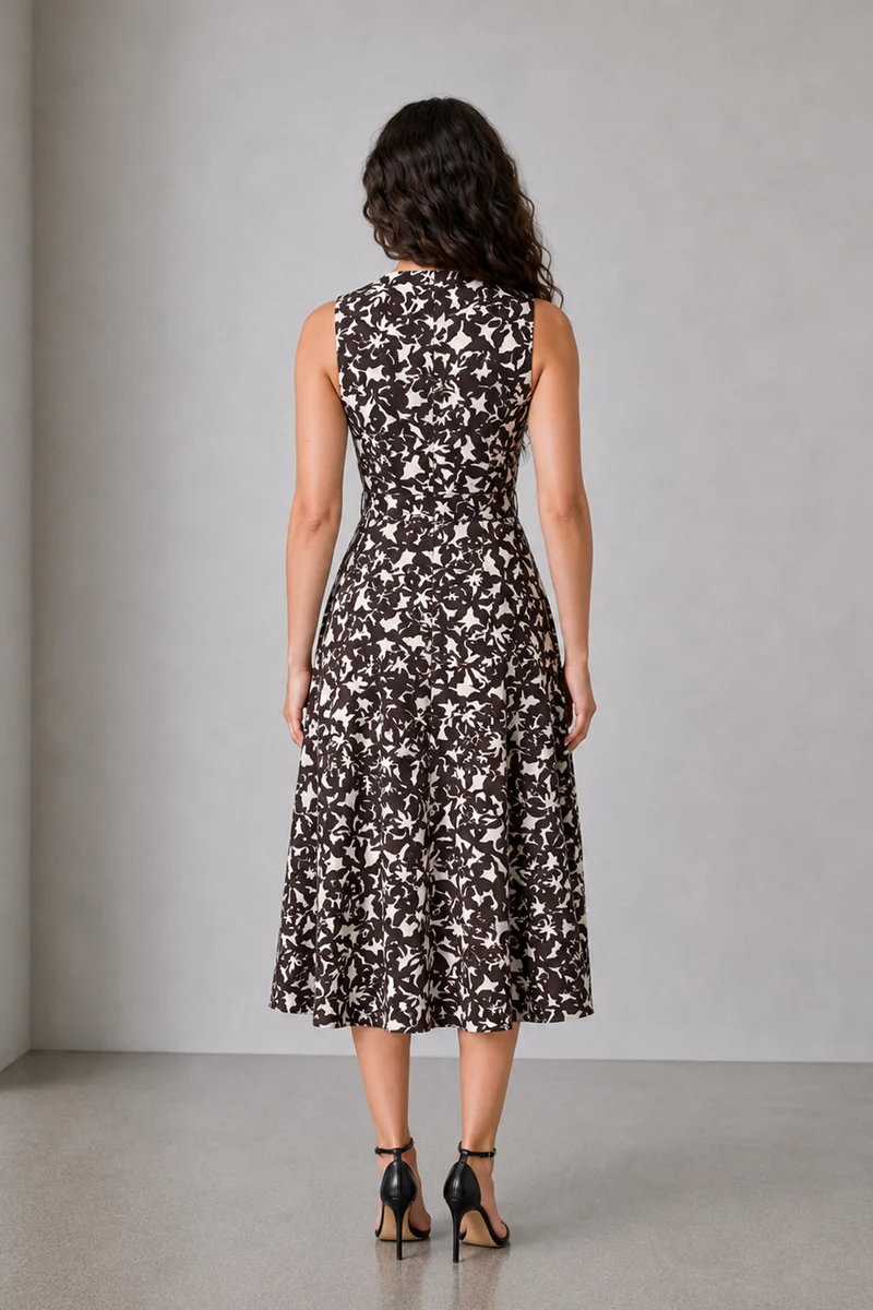 Veyla|Brown Abstract Print Midi Dress