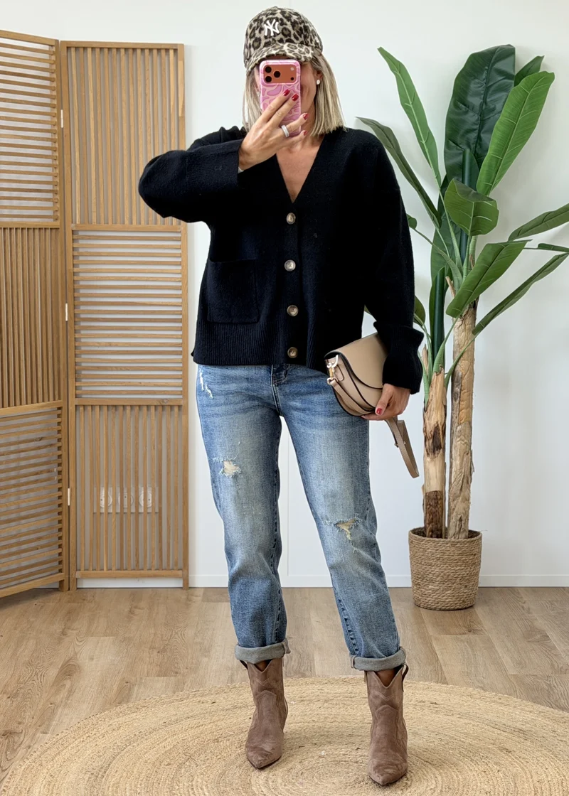 Gilet Noir Boutons Effet Bois