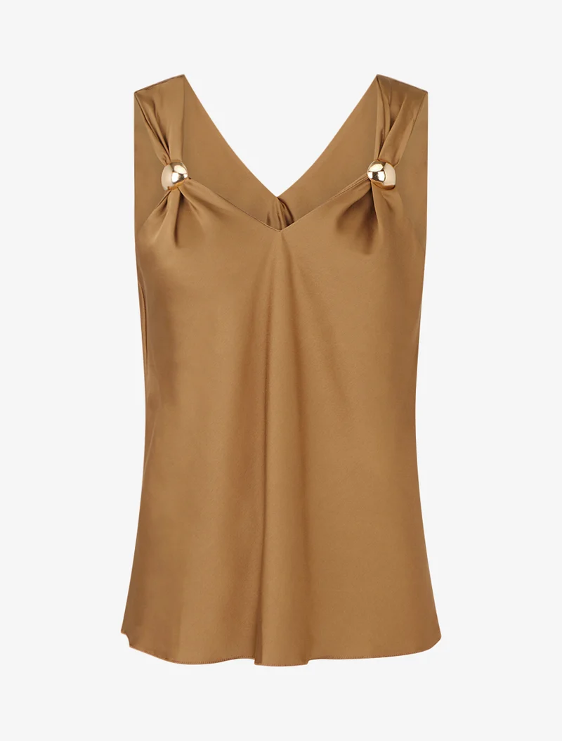 Top satiné à empiècement bijoux - Camel