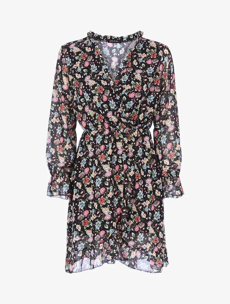 Robe portefeuille à imprimé printanier - Noir