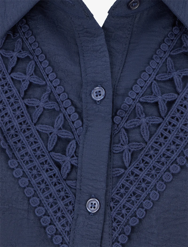 Chemisier unie à broderies - Marine