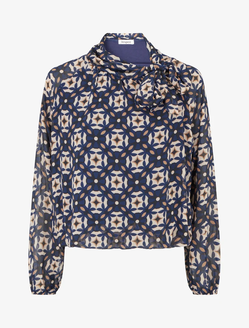 Blouse imprimé rétro à nouer - Marine