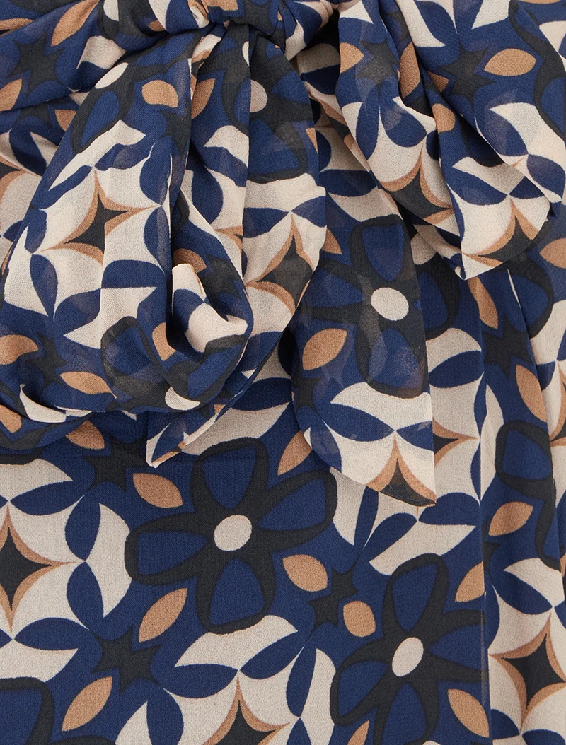 Blouse imprimé rétro à nouer - Marine