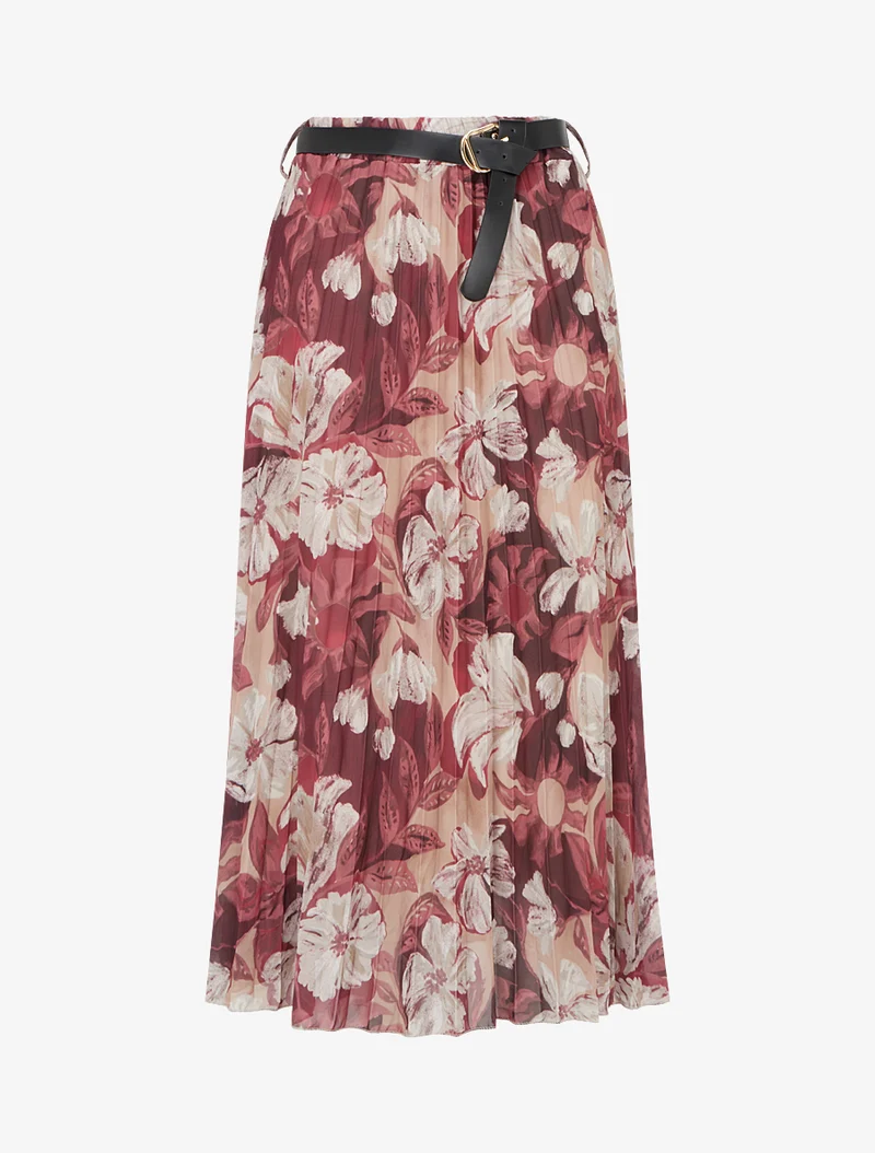 Jupe mi-longue plissée imprimé floral - Prune