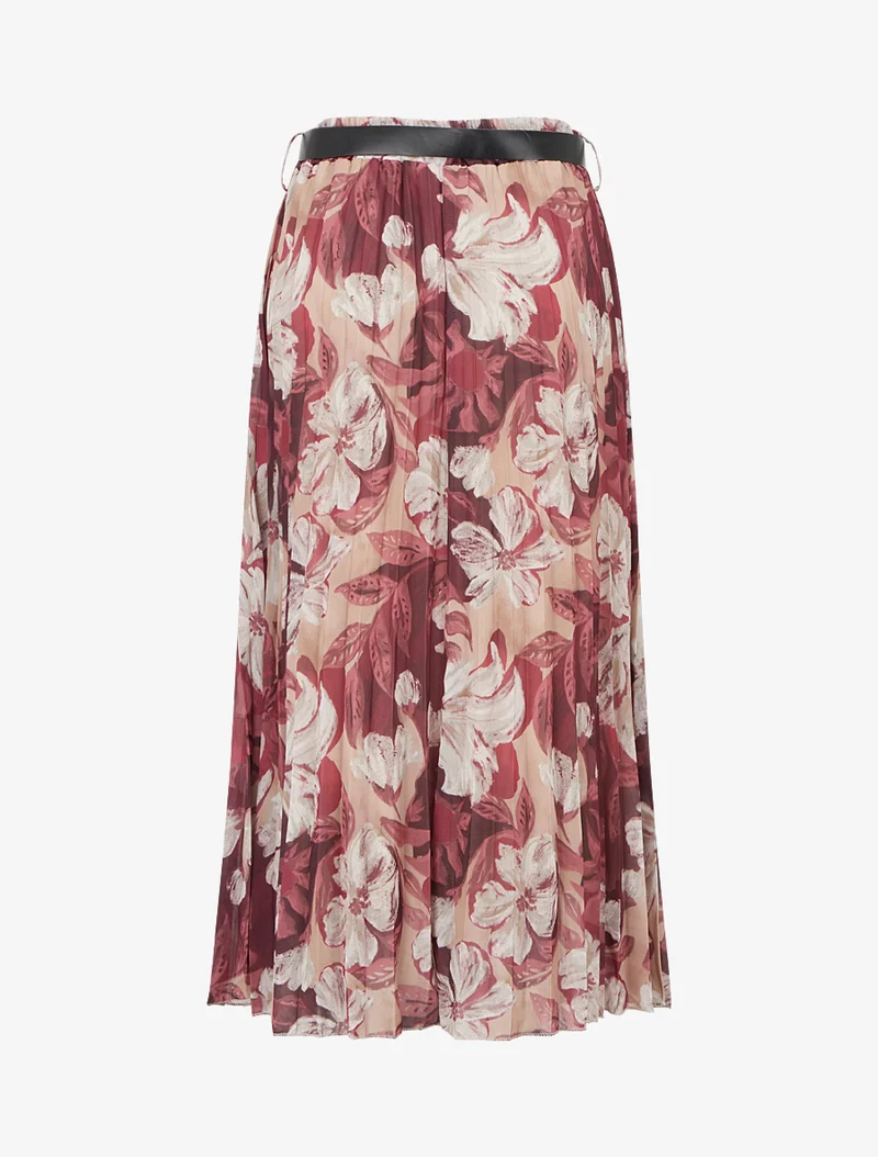 Jupe mi-longue plissée imprimé floral - Prune