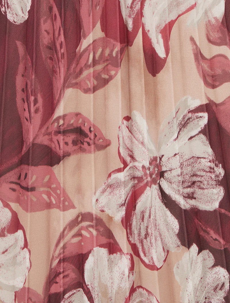 Jupe mi-longue plissée imprimé floral - Prune