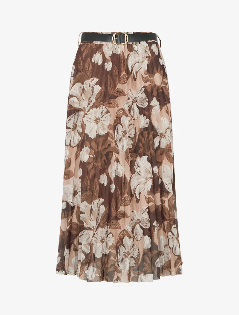 Jupe mi-longue plissée imprimé floral - Marron