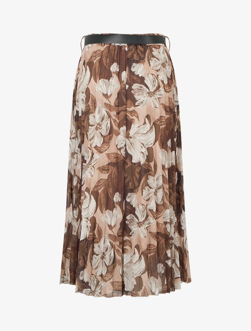 Jupe mi-longue plissée imprimé floral - Marron