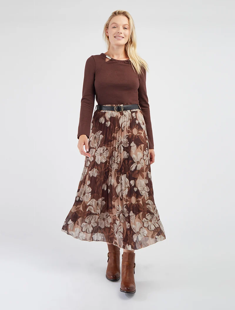 Jupe mi-longue plissée imprimé floral - Marron