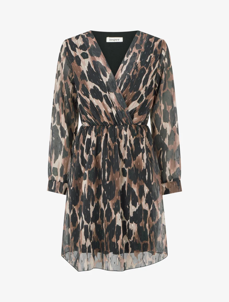 Robe mi-longue texturée imprimé léopard - Noir