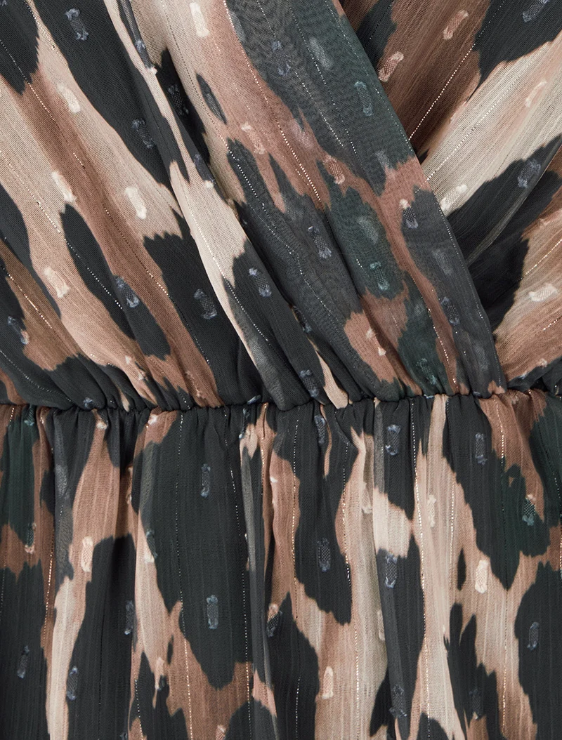 Robe mi-longue texturée imprimé léopard - Noir