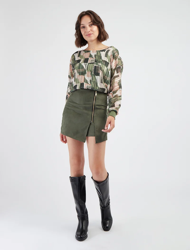 Blouse en voile imprimé fantaisie à détail irisé - Kaki