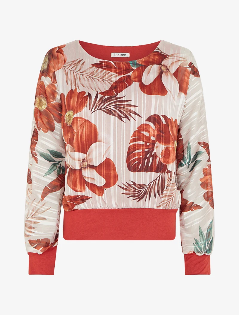 Blouse en voile imprimé feuillage à détail irisé - Terre de sienne