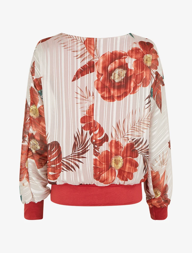 Blouse en voile imprimé feuillage à détail irisé - Terre de sienne