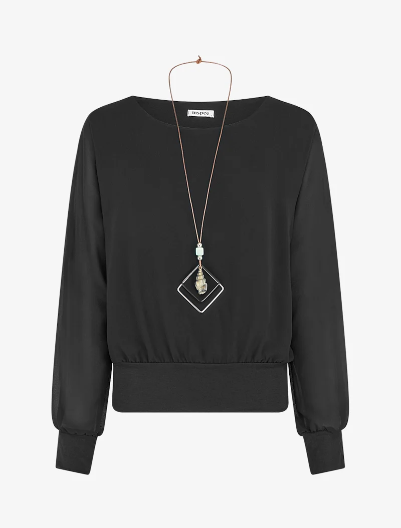 Blouse unie en voile à manches longues - Noir