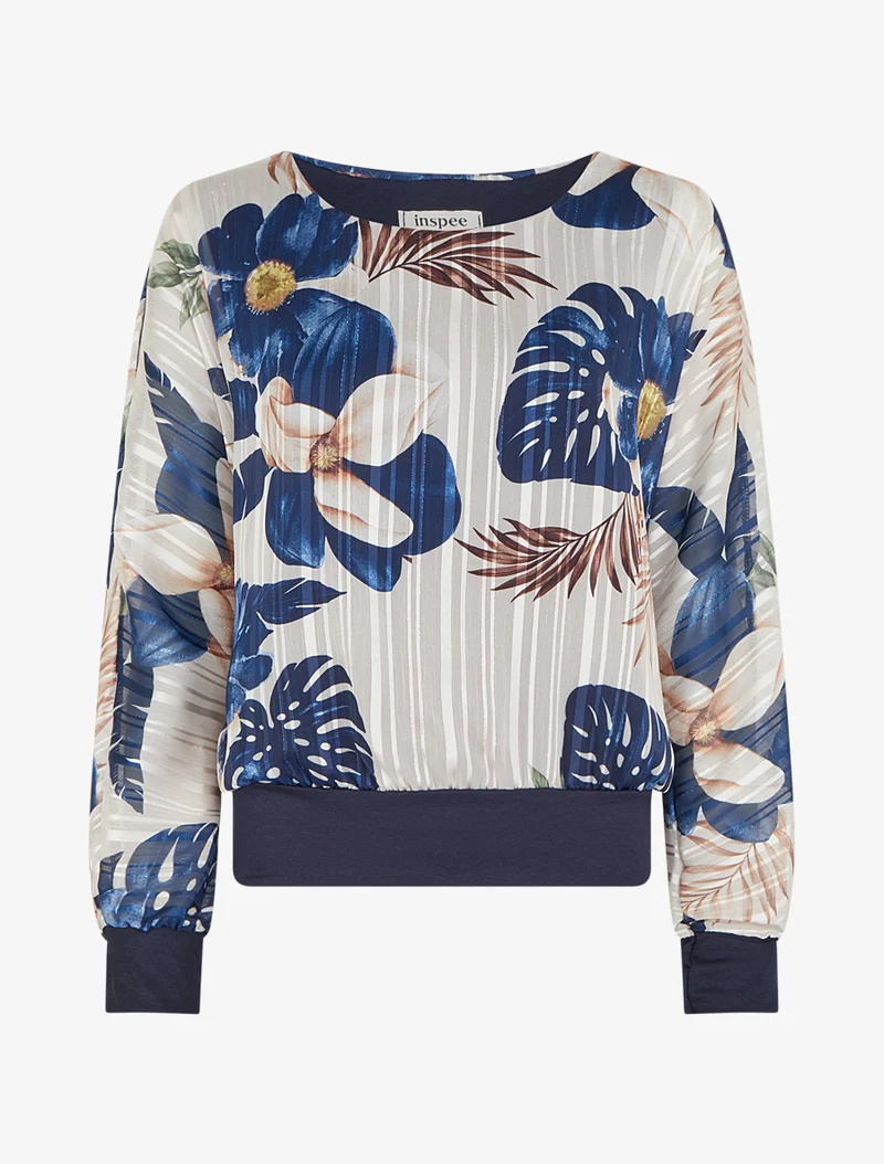 Blouse en voile imprimé feuillage à détail irisé - Marine