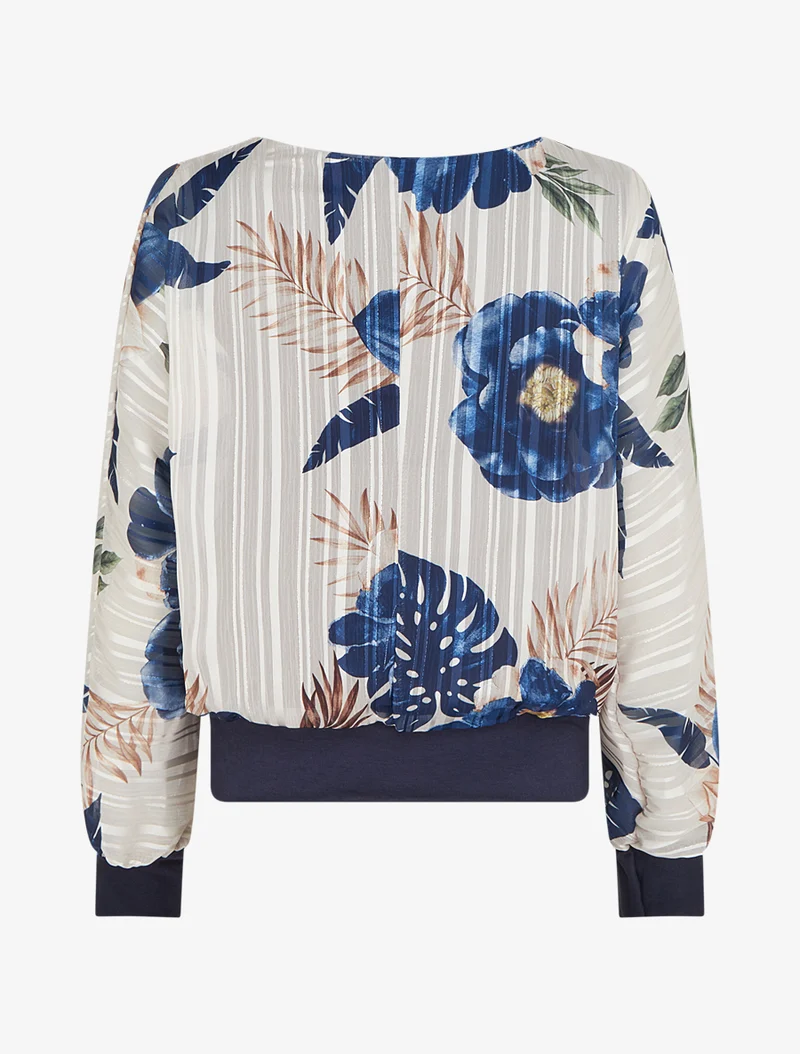 Blouse en voile imprimé feuillage à détail irisé - Marine