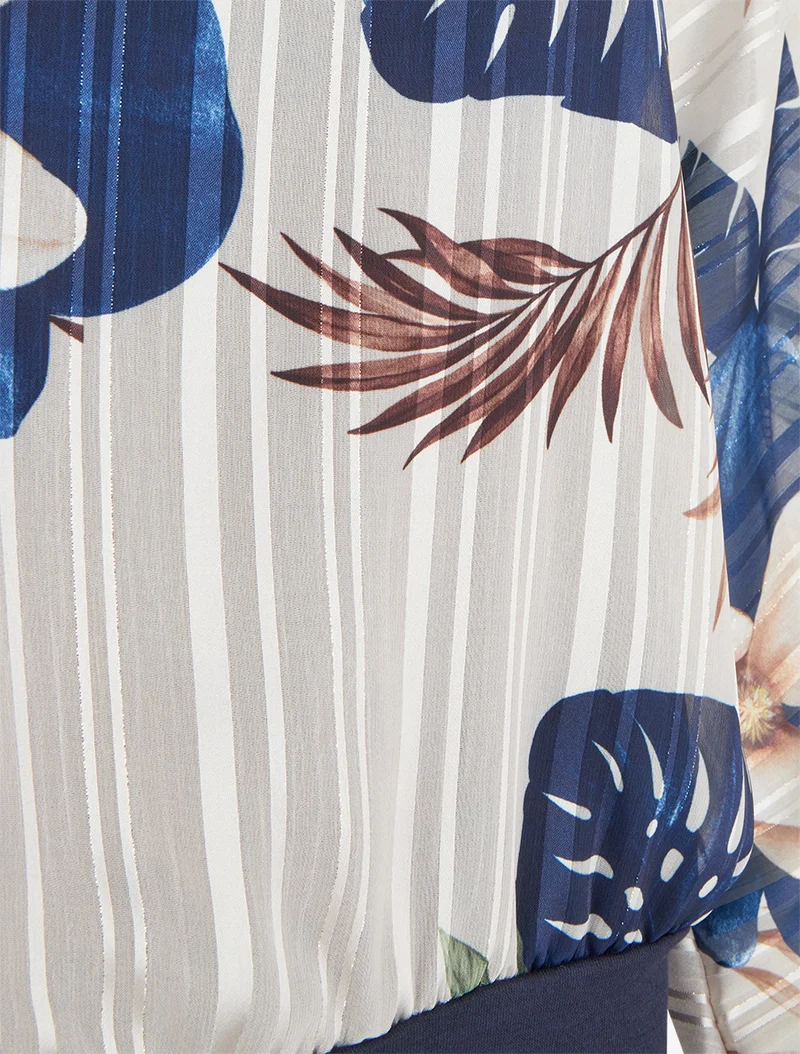 Blouse en voile imprimé feuillage à détail irisé - Marine