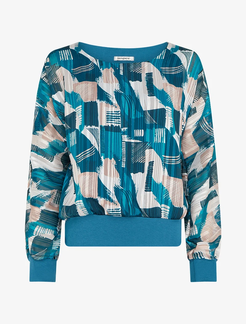 Blouse en voile imprimé fantaisie à détail irisé - Bleu canard