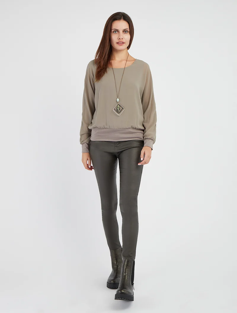 Blouse unie en voile à manches longues - Gris