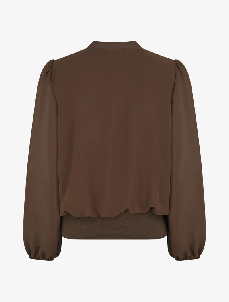 Blouse unie en voile à empiècement collier - Marron