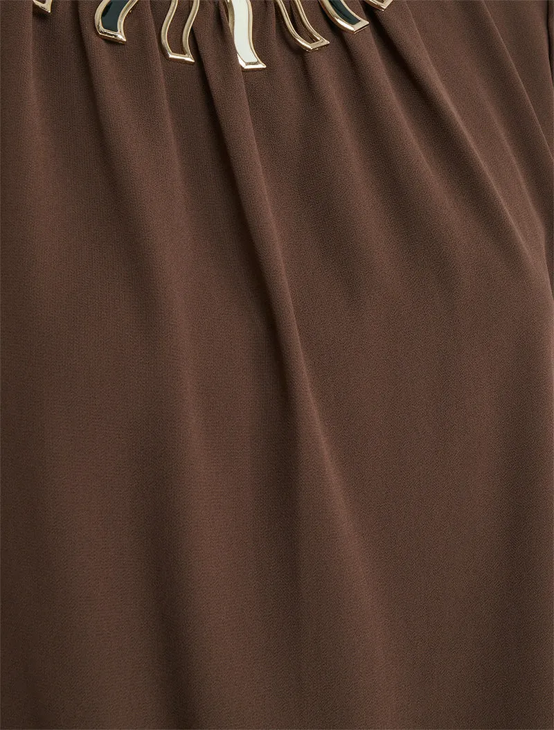 Blouse unie en voile à empiècement collier - Marron