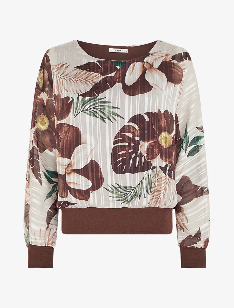 Blouse en voile imprimé feuillage à détail irisé - Marron