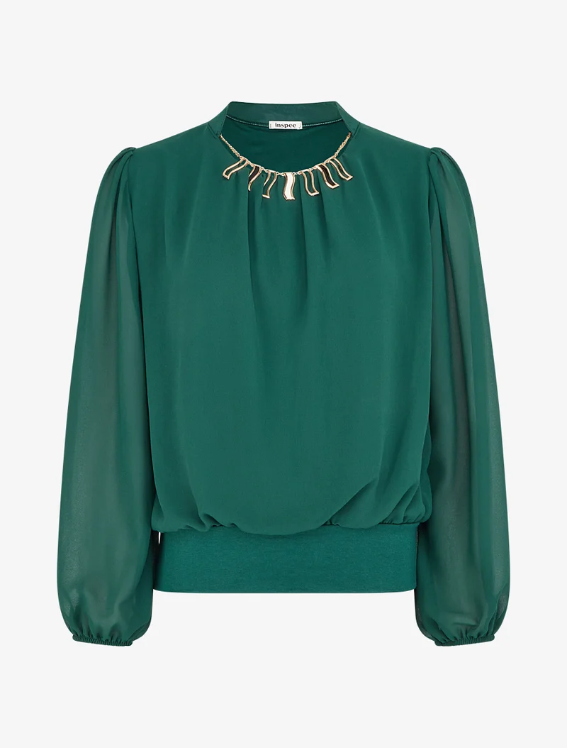 Blouse unie en voile à empiècement collier - Vert sapin