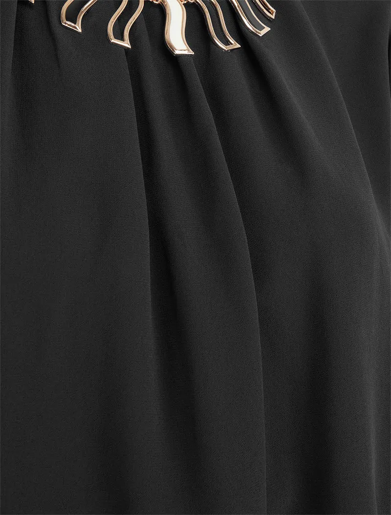 Blouse unie en voile à empiècement collier - Noir