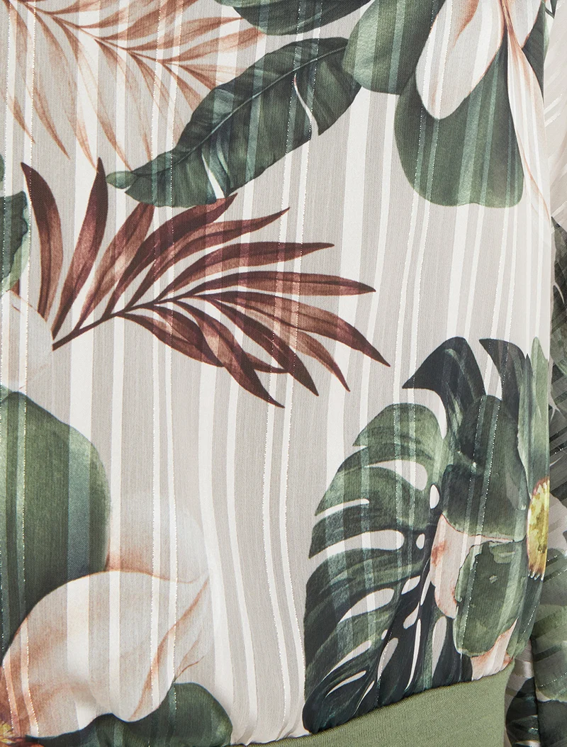 Blouse en voile imprimé feuillage à détail irisé - Kaki