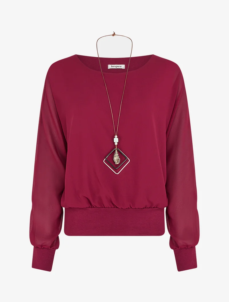 Blouse unie en voile à manches longues - Lie de vin