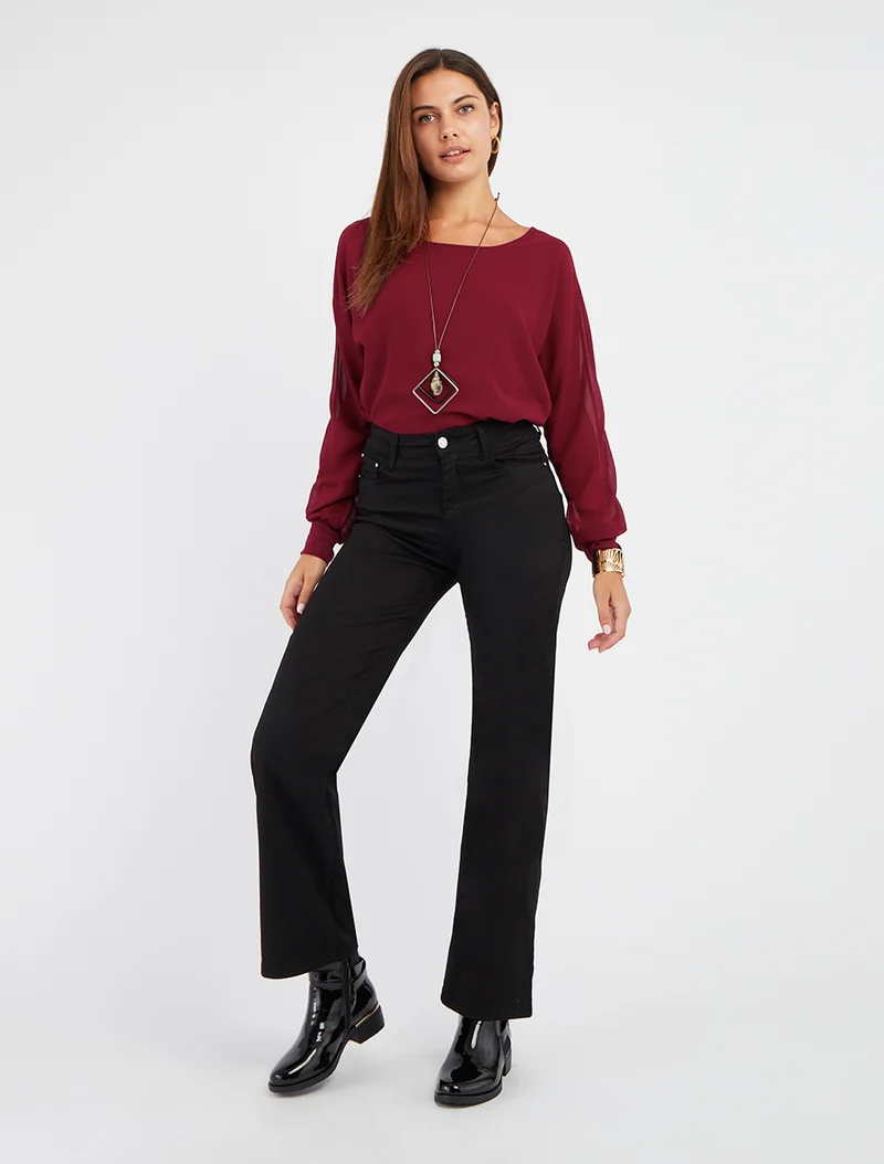 Blouse unie en voile à manches longues - Lie de vin