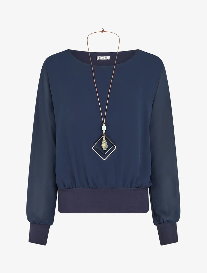 Blouse unie en voile à manches longues - Marine