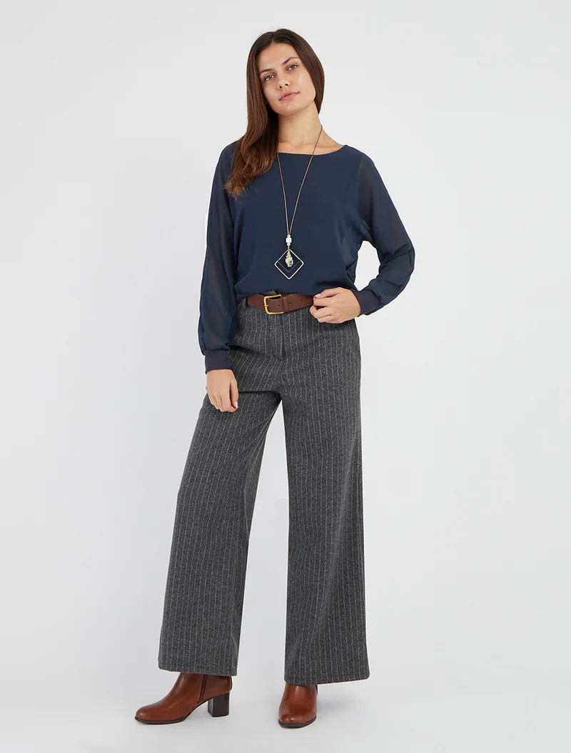 Blouse unie en voile à manches longues - Marine