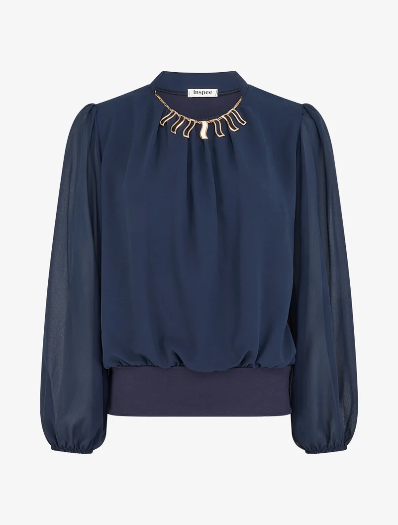 Blouse unie en voile à empiècement collier - Marine