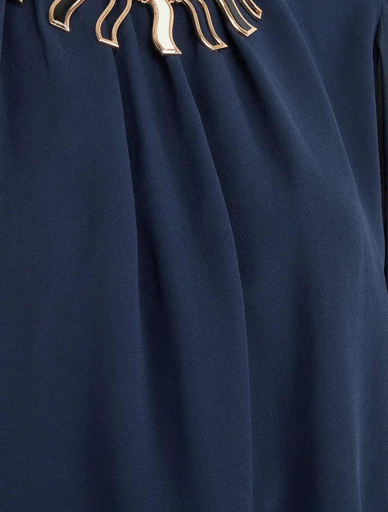Blouse unie en voile à empiècement collier - Marine