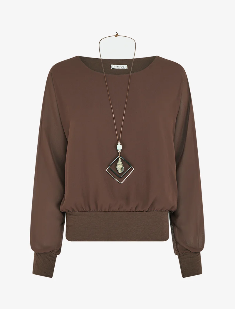 Blouse unie en voile à manches longues - Marron