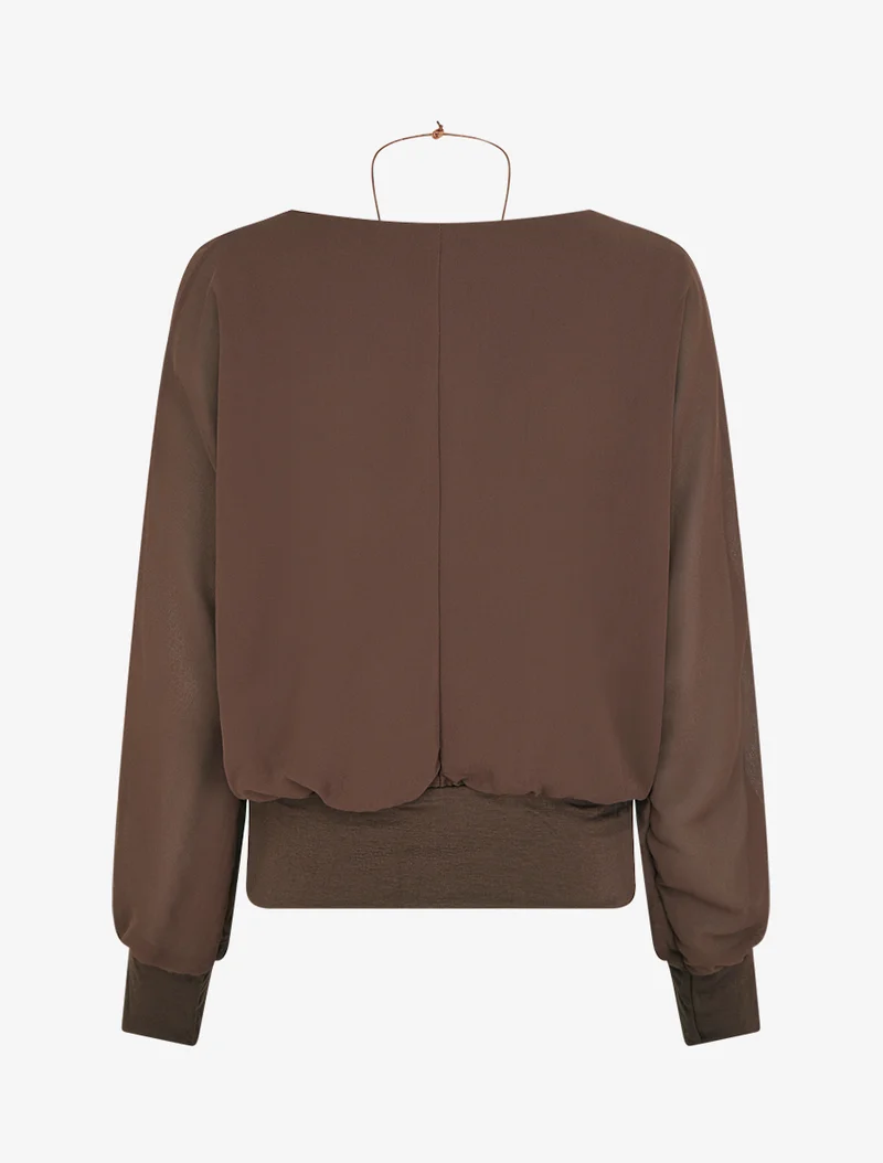 Blouse unie en voile à manches longues - Marron
