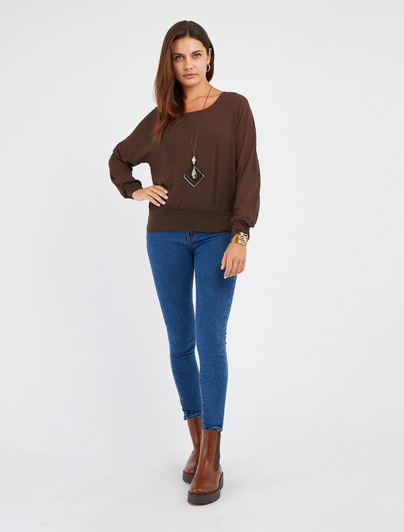 Blouse unie en voile à manches longues - Marron