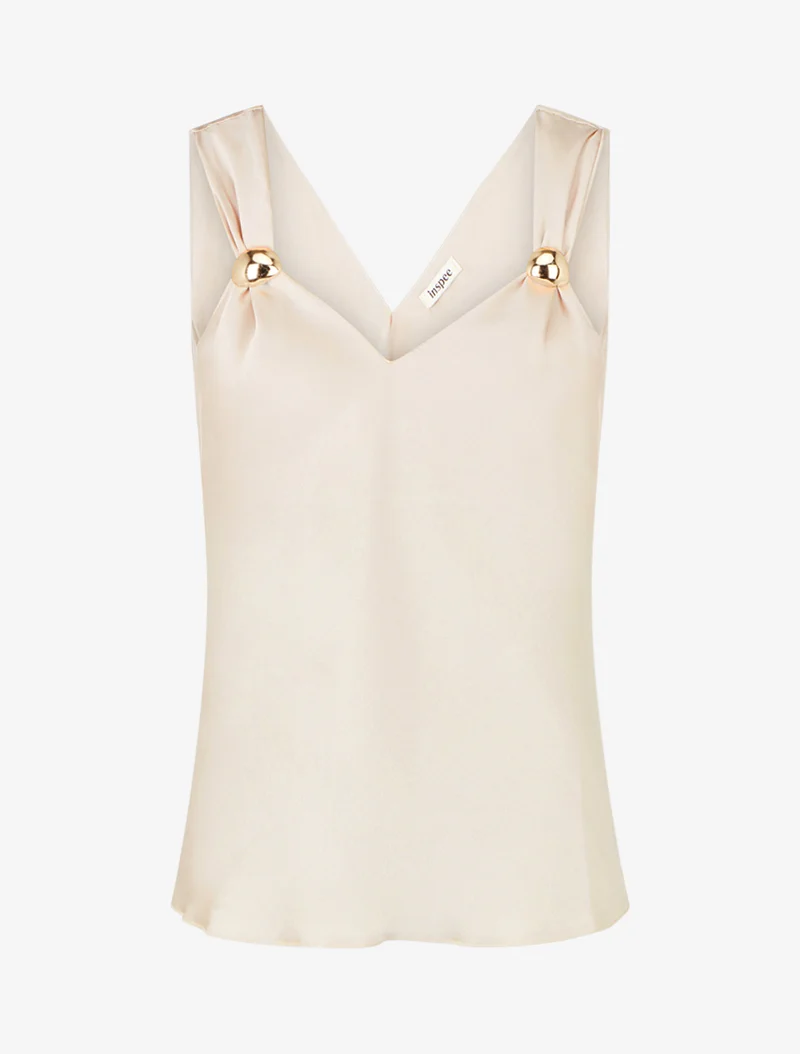 Top satiné à empiècement bijoux - Beige