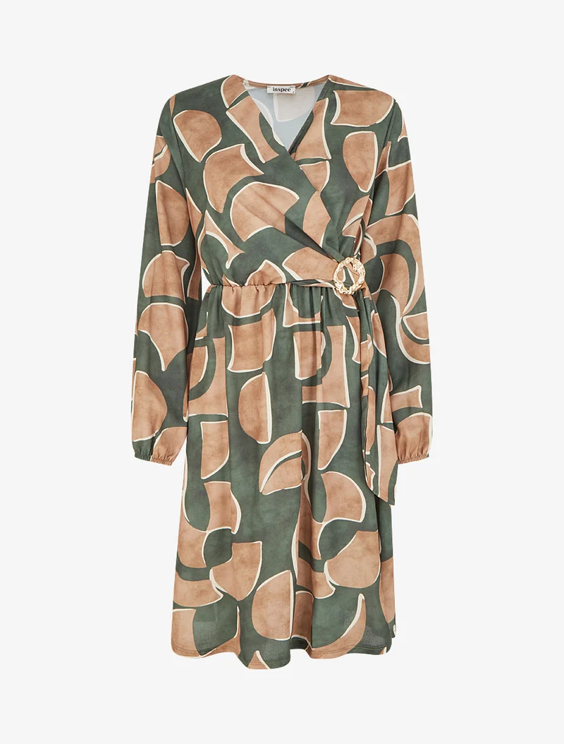 Robe élastiquée imprimé abstrait - Kaki