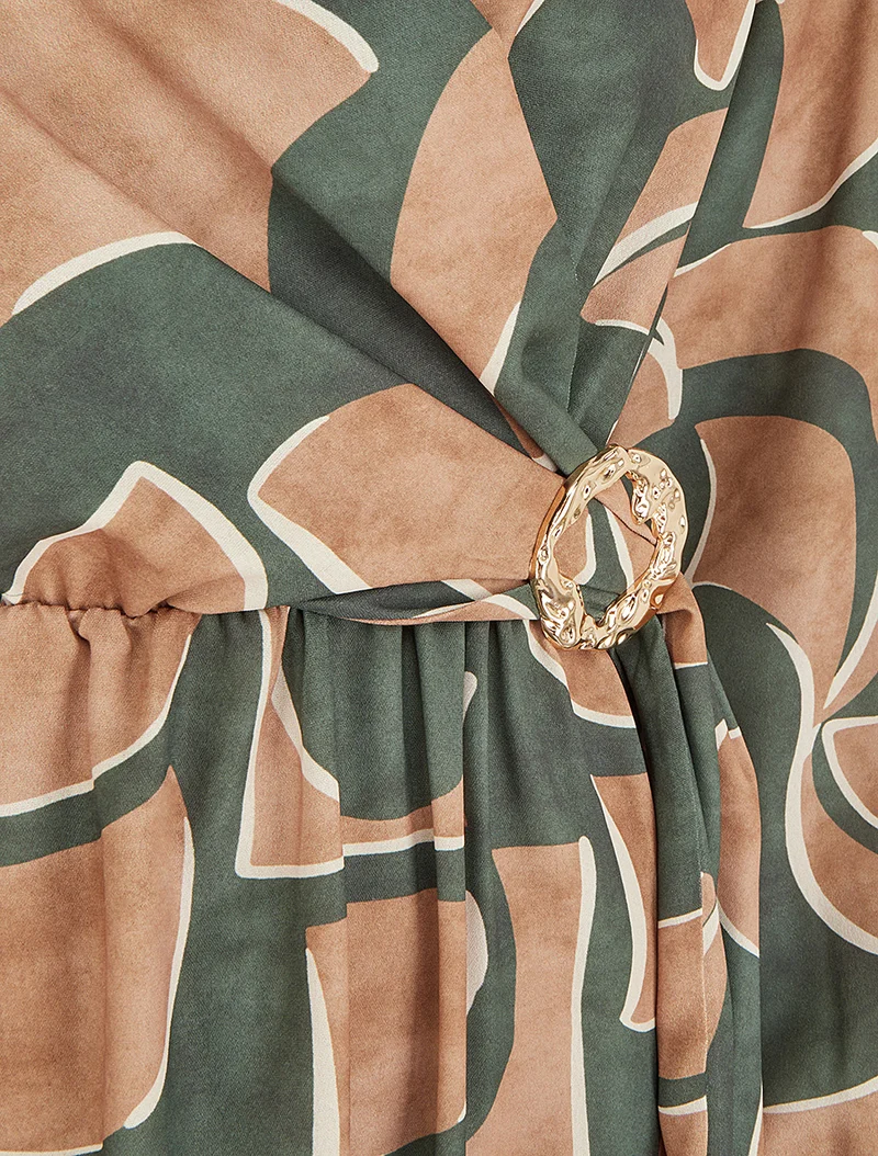 Robe élastiquée imprimé abstrait - Kaki
