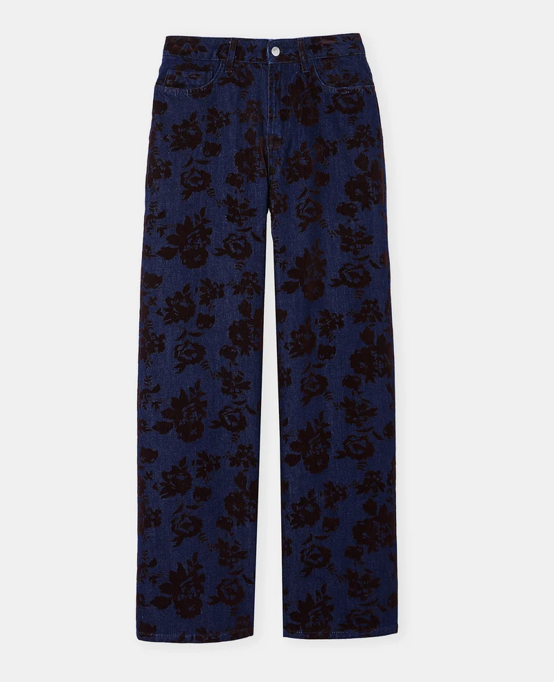 Jean straight taille haute avec fleurs velours